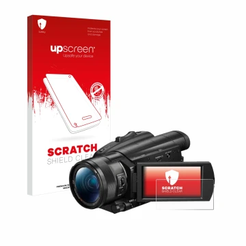 Vorderseite einer Produktverpackung mit dem Markenlogo upscreen. Daneben ist das Gerät Sony FDR-AX700 mit dem zugehörigen Disp