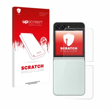 Vorderseite einer Produktverpackung mit dem Markenlogo upscreen. Daneben ist das Gerät Samsung Galaxy Z Flip 5 (Rückseite) mit
