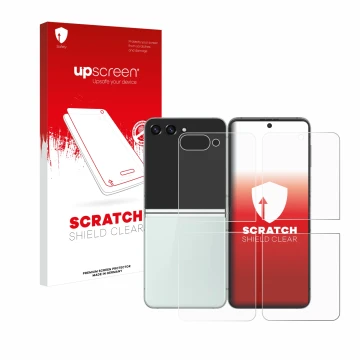 Vorderseite einer Produktverpackung mit dem Markenlogo upscreen. Daneben ist das Gerät Samsung Galaxy Z Flip 5 (Display+Rückse