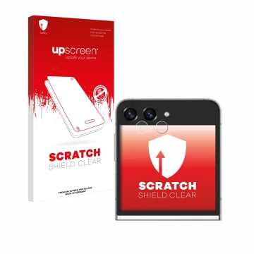 Vorderseite einer Produktverpackung mit dem Markenlogo upscreen. Daneben ist das Gerät Samsung Galaxy Z Flip 5 (NUR Kameraschu
