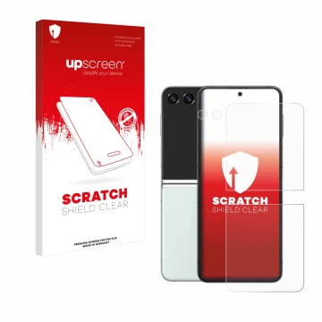 Vorderseite einer Produktverpackung mit dem Markenlogo upscreen. Daneben ist das Gerät Samsung Galaxy Z Flip 5 (Display+Kamera