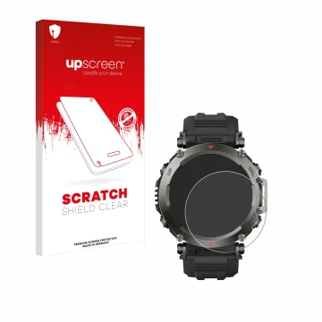 Vorderseite einer Produktverpackung mit dem Markenlogo upscreen. Daneben ist das Gerät Huami Amazfit T-Rex Ultra mit dem zugeh