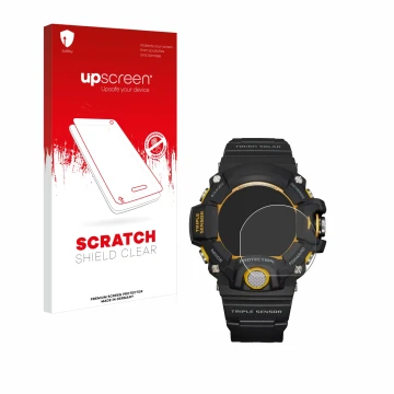Vorderseite einer Produktverpackung mit dem Markenlogo upscreen. Daneben ist das Gerät Casio G-Shock GW-9400Y-1 mit dem zugehö