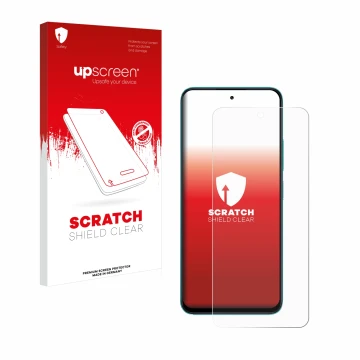Vorderseite einer Produktverpackung mit dem Markenlogo upscreen. Daneben ist das Gerät Xiaomi Poco M6 Pro 5G mit dem zugehörig