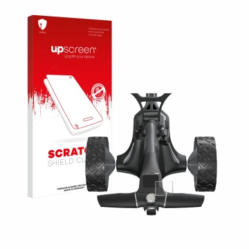 Vorderseite einer Produktverpackung mit dem Markenlogo upscreen. Daneben ist das Gerät Motocaddy M7 GPS Electric Trolley mit d