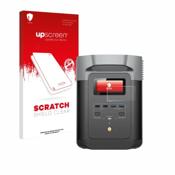 Vorderseite einer Produktverpackung mit dem Markenlogo upscreen. Daneben ist das Gerät EcoFlow DELTA 2 mit dem zugehörigen Dis