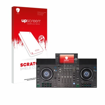 Vorderseite einer Produktverpackung mit dem Markenlogo upscreen. Daneben ist das Gerät Denon DJ SC LIVE 4 mit dem zugehörigen 