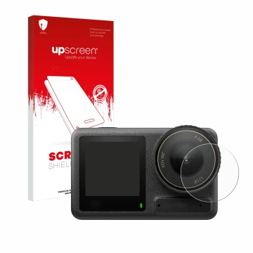Vorderseite einer Produktverpackung mit dem Markenlogo upscreen. Daneben ist das Gerät DJI Osmo Action 4 (Linse) mit dem zugeh