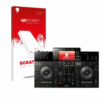Vorderseite einer Produktverpackung mit dem Markenlogo upscreen. Daneben ist das Gerät Pioneer XDJ -RR mit dem zugehörigen Dis