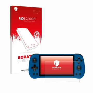 Vorderseite einer Produktverpackung mit dem Markenlogo upscreen. Daneben ist das Gerät Powkiddy X55 mit dem zugehörigen Displa