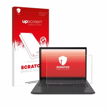Vorderseite einer Produktverpackung mit dem Markenlogo upscreen. Daneben ist das Gerät Lenovo ThinkPad P14s Gen 4 mit dem zuge