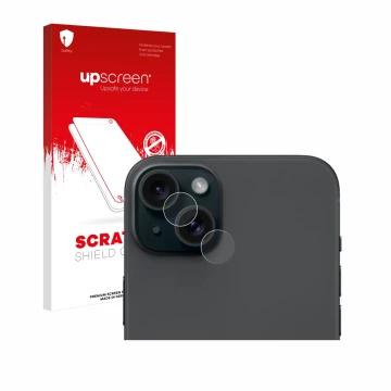 Vorderseite einer Produktverpackung mit dem Markenlogo upscreen. Daneben ist das Gerät Apple iPhone 15 Plus (NUR Kameraschutz)