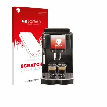 Vorderseite einer Produktverpackung mit dem Markenlogo upscreen. Daneben ist das Gerät DeLonghi Magnifica Start ECAM222.60 mit