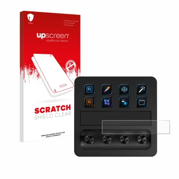 Vorderseite einer Produktverpackung mit dem Markenlogo upscreen. Daneben ist das Gerät Elgato Stream Deck + mit dem zugehörige