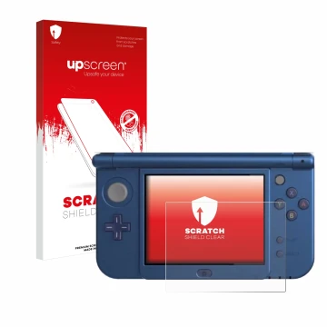 Vorderseite einer Produktverpackung mit dem Markenlogo upscreen. Daneben ist das Gerät Nintendo New 3DS XL (Unteres Display) m