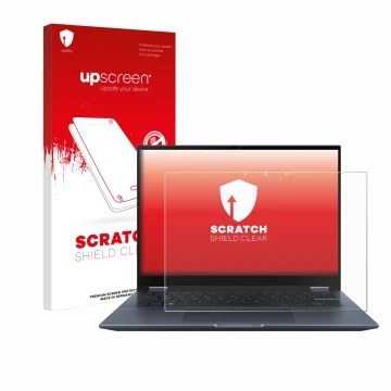 Vorderseite einer Produktverpackung mit dem Markenlogo upscreen. Daneben ist das Gerät ASUS Vivobook S 14 Flip TP3402 mit dem 