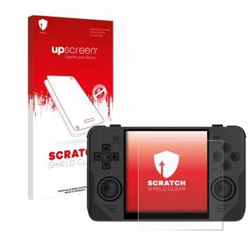 Vorderseite einer Produktverpackung mit dem Markenlogo upscreen. Daneben ist das Gerät Powkiddy RGB30 mit dem zugehörigen Disp