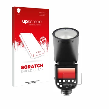 Vorderseite einer Produktverpackung mit dem Markenlogo upscreen. Daneben ist das Gerät Godox V1 mit dem zugehörigen Displaysch