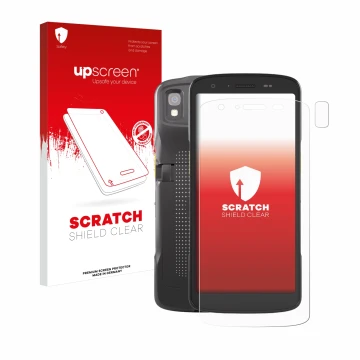 Vorderseite einer Produktverpackung mit dem Markenlogo upscreen. Daneben ist das Gerät Zebra TC27 (Display+Kamera) mit dem zug