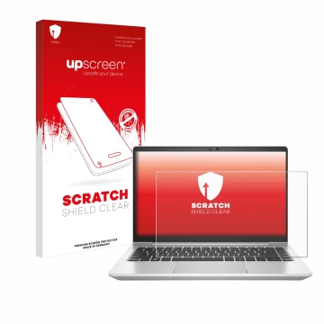 Vorderseite einer Produktverpackung mit dem Markenlogo upscreen. Daneben ist das Gerät HP EliteBook 645 G10 mit dem zugehörige