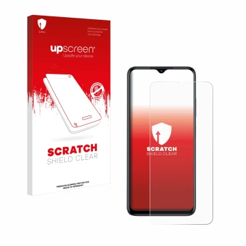 Vorderseite einer Produktverpackung mit dem Markenlogo upscreen. Daneben ist das Gerät Infinix Hot 30i mit dem zugehörigen Dis