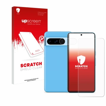 Vorderseite einer Produktverpackung mit dem Markenlogo upscreen. Daneben ist das Gerät Google Pixel 8 Pro (Display+Kamera) mit