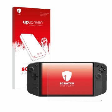 Vorderseite einer Produktverpackung mit dem Markenlogo upscreen. Daneben ist das Gerät Lenovo Legion Go mit dem zugehörigen Di