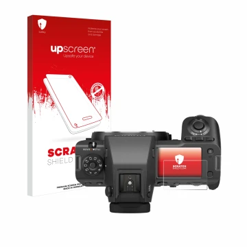 Vorderseite einer Produktverpackung mit dem Markenlogo upscreen. Daneben ist das Gerät Fujifilm GFX100 II (Schulterdisplay) mi