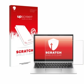 Vorderseite einer Produktverpackung mit dem Markenlogo upscreen. Daneben ist das Gerät HP EliteBook 830 G10 Laptop-PC mit dem 