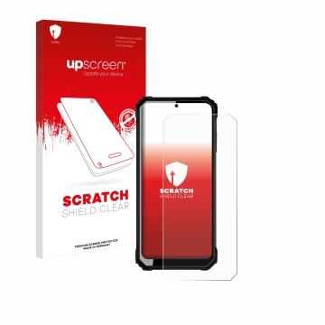 Vorderseite einer Produktverpackung mit dem Markenlogo upscreen. Daneben ist das Gerät Oukitel WP23 mit dem zugehörigen Displa