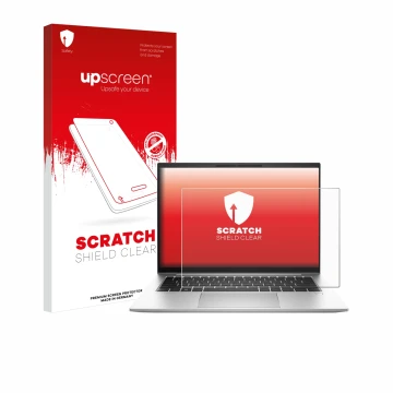 Vorderseite einer Produktverpackung mit dem Markenlogo upscreen. Daneben ist das Gerät HP EliteBook 845 G10 mit dem zugehörige