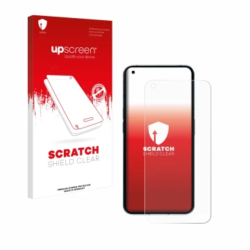 Vorderseite einer Produktverpackung mit dem Markenlogo upscreen. Daneben ist das Gerät Nothing Phone (1) (case-friendly) mit d