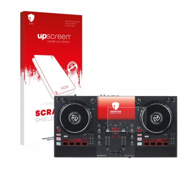 Vorderseite einer Produktverpackung mit dem Markenlogo upscreen. Daneben ist das Gerät Numark Mixstream Pro+ mit dem zugehörig
