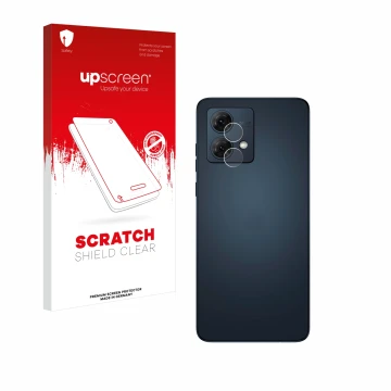 Vorderseite einer Produktverpackung mit dem Markenlogo upscreen. Daneben ist das Gerät Motorola Moto G84 (NUR Kameraschutz) mi