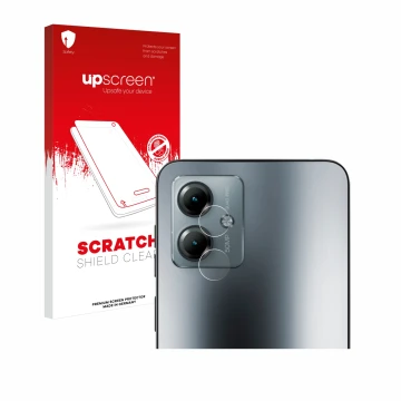 Vorderseite einer Produktverpackung mit dem Markenlogo upscreen. Daneben ist das Gerät Motorola Moto G14 (NUR Kameraschutz) mi