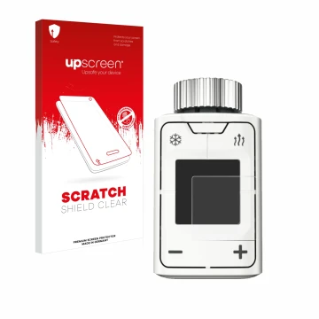 Vorderseite einer Produktverpackung mit dem Markenlogo upscreen. Daneben ist das Gerät AVM FRITZ!DECT 302 mit dem zugehörigen 