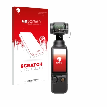 Vorderseite einer Produktverpackung mit dem Markenlogo upscreen. Daneben ist das Gerät DJI Osmo Pocket 3 (Linse) mit dem zugeh