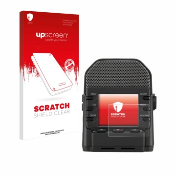 Vorderseite einer Produktverpackung mit dem Markenlogo upscreen. Daneben ist das Gerät Zoom Q2n-4K mit dem zugehörigen Display