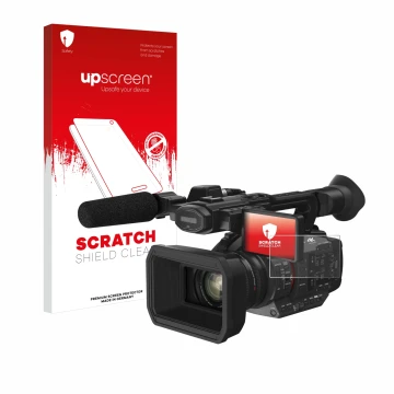 Vorderseite einer Produktverpackung mit dem Markenlogo upscreen. Daneben ist das Gerät Panasonic HC-X2 mit dem zugehörigen Dis