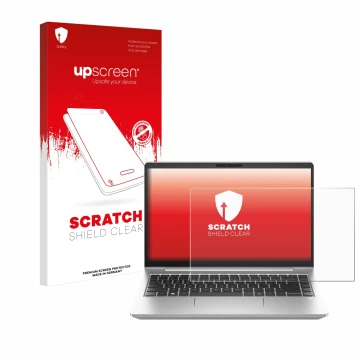 Vorderseite einer Produktverpackung mit dem Markenlogo upscreen. Daneben ist das Gerät HP ProBook 445 G10 mit dem zugehörigen 