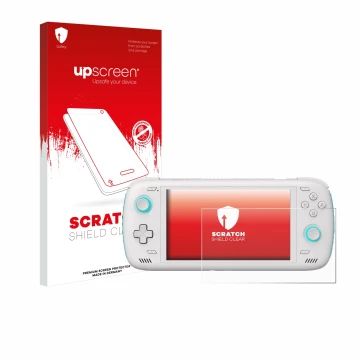 Vorderseite einer Produktverpackung mit dem Markenlogo upscreen. Daneben ist das Gerät AYN Odin 2 mit dem zugehörigen Displays