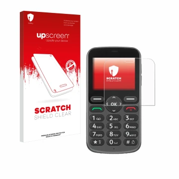 Vorderseite einer Produktverpackung mit dem Markenlogo upscreen. Daneben ist das Gerät Doro 5860 mit dem zugehörigen Displaysc