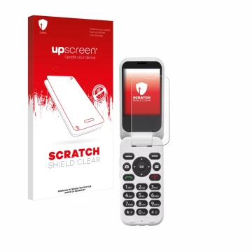 Vorderseite einer Produktverpackung mit dem Markenlogo upscreen. Daneben ist das Gerät Doro 6820 mit dem zugehörigen Displaysc