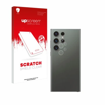 Vorderseite einer Produktverpackung mit dem Markenlogo upscreen. Daneben ist das Gerät Samsung Galaxy S23 Ultra Enterprise Edi