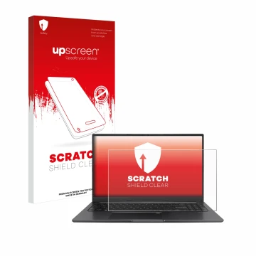 Vorderseite einer Produktverpackung mit dem Markenlogo upscreen. Daneben ist das Gerät ASUS Vivobook 15 OLED mit dem zugehörig