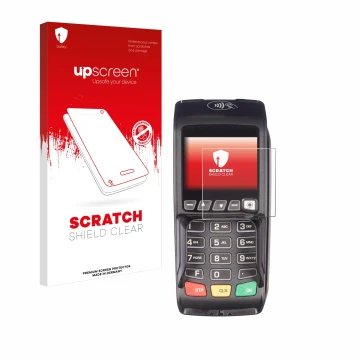 Vorderseite einer Produktverpackung mit dem Markenlogo upscreen. Daneben ist das Gerät ingenico Desk/3500 mit dem zugehörigen 