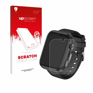 Vorderseite einer Produktverpackung mit dem Markenlogo upscreen. Daneben ist das Gerät Okyuk 4G Kids Smartwatch T45 mit dem zu
