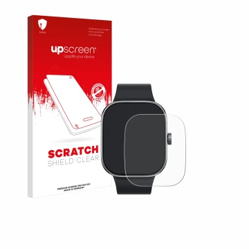 Vorderseite einer Produktverpackung mit dem Markenlogo upscreen. Daneben ist das Gerät Xiaomi Redmi Watch 4 mit dem zugehörige