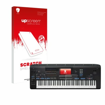 Vorderseite einer Produktverpackung mit dem Markenlogo upscreen. Daneben ist das Gerät Yamaha Genos2 mit dem zugehörigen Displ