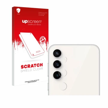 Vorderseite einer Produktverpackung mit dem Markenlogo upscreen. Daneben ist das Gerät Samsung Galaxy S23 FE (NUR Kameraschutz
